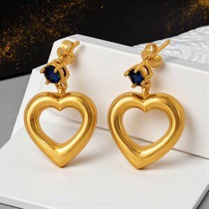 🆕 18K Gold Plated Stainless Steel Puffy Heart Trendy Earrings With Blue CZ Stud